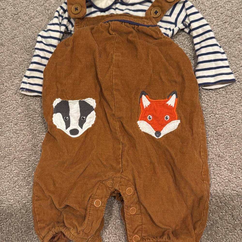 Mini Boden Brown Corduroy Overalls with Animal Patches